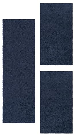 HomebyHome Bettumrandung Schlafzimmer 3 teilig Teppich Marineblau - Waschbarer Bettumrandung Teppich Läufer Set Extra Flauschig Bettvorleger Schlafzimmer Bettset:2 St. 60x110 cm | 1 St. 80x250 cm