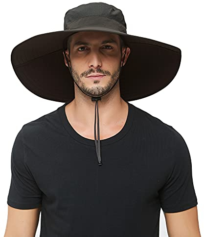 HLLMAN Men's Wide Brim Sun Hat-UPF 50+ Protection,Waterproof Bucket Hat for Fishing, Hiking, Camping,Breathable Nylon & Mesh Dark Grey