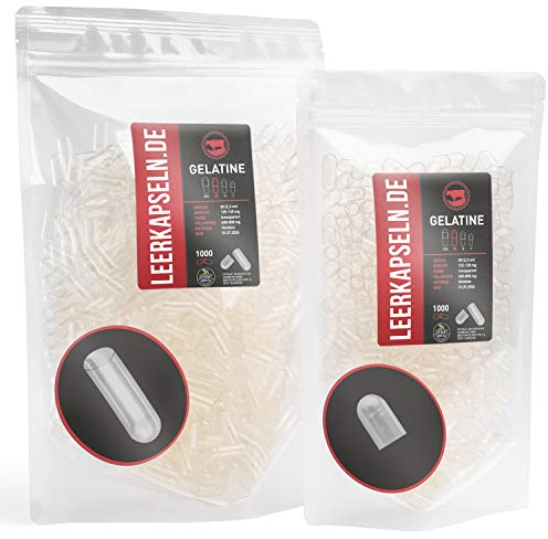 1000 unidades separadas por mitad de la cápsula | Tamaño 00 | Cápsulas vacías de gelatina con gran capacidad | Transparentes