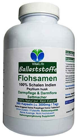 BALLASTSTOFFE 360 Kapseln Premium Flohsamenschalen PUR gemahlen INDIEN. Mega FREUDE für Darmbakterien. WICHTIG für Darmpflege + Darmflora + Verdauung. Ohne ZUSATZSTOFFE. 26615-360
