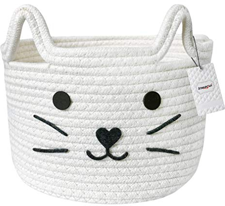 Inwagui Faltbare Aufbewahrungskorb Süße Katze Baumwollseil Aufbewahrungsbox mit Griff Kleine Deko Korb für Kinderzimmer Wohnzimmer Büro - Weiß