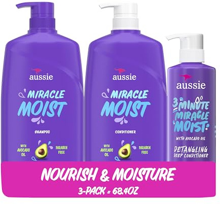 Aussie Miracle Moist Shampoo and Conditioner with 3 Minute Miracle Deep Conditioner, Avocado & Jojoba Oil, Paraben-Free, Moisturizes & Detangles, All Hair Types, Citrus Floral Scent, 3 Pack 68.4 Fl Oz