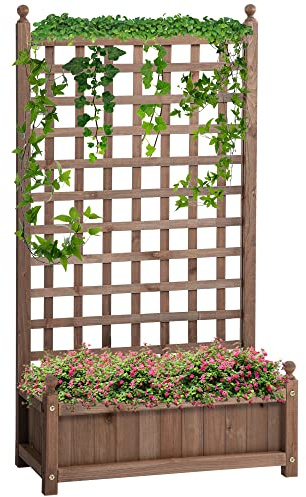 Outsunny Jardinière avec Treillis - bac à Fleurs - jardinière sur Pied - dim. 64L x 28l x 120H cm Inserts d'irrigation Inclus Bois Sapin traité
