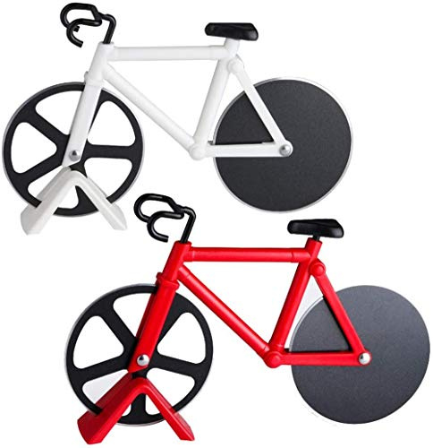 VICMAT 2 cortadores de pizza de acero inoxidable para bicicleta, cortador de ruedas, herramienta para hornear (blanco, rojo)