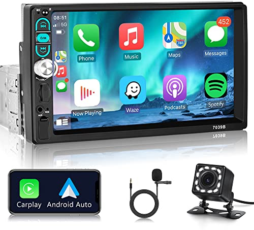 Carplay Autoradio 1 Din mit Android Auto Bluetooth Freisprecheinrichtung 7 Zoll Touchscreen Autoradio mit IOS/Android Mirror Link Bluetooth FM/USB/AUX Mikrofon Lenkradsteuerung + Rückfahrkamera