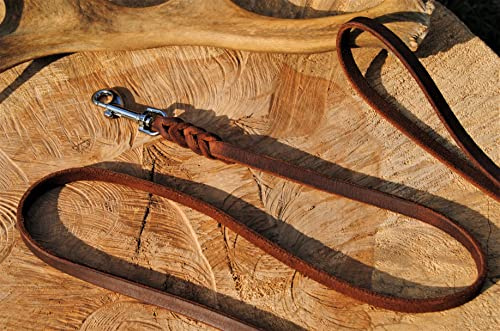 BULLYZEI Lederleine geflochten Antik-Leder 13mm x 7m ohne Schlaufe Silber Karabiner Schleppleine Fährtenleine