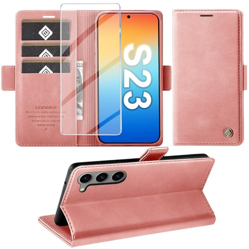 Giyer Handyhülle für Samsung Galaxy S23 5G Hülle mit Schutzfolie, Standfunktion Kartenfach Wallet Premium Leder Schutzhülle S23 5G Flip Case Cover Stoßfeste Klapphülle S23 5G 6.1 Zoll (Rosa)