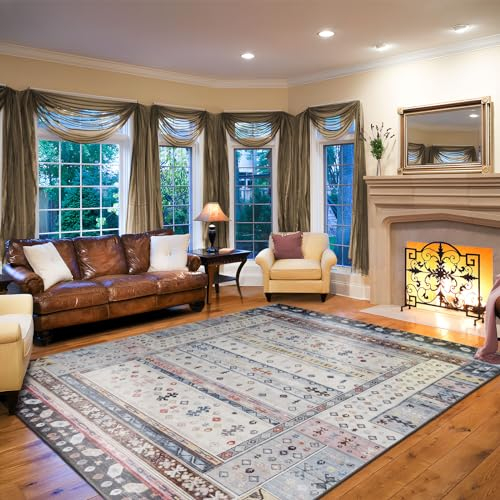 TALETA Teppich Wohnzimmer waschbarer Orientteppich Vintage, Rutschfester Teppich für Schlafzimmer, Küchen, Esszimmer, blau, 240 x 340 cm