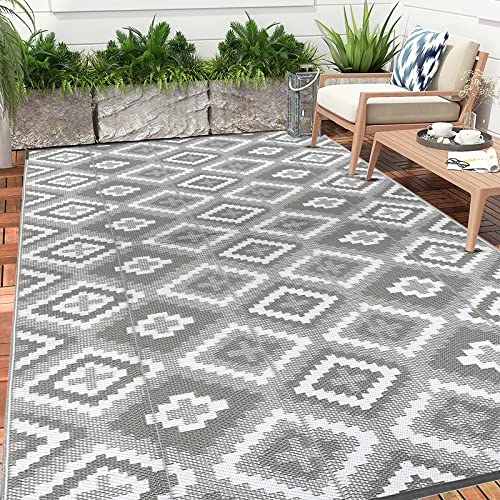 Enyhom Outdoor Rug Waterproof, 180 x 270 cm Large Reversible RV Camping Mat, Plastic Straw Rug UV Resistant Garden Rug, Recycled Lightweight Portable Picnic Area Rugs for Porch Backyard BBQ, Grey