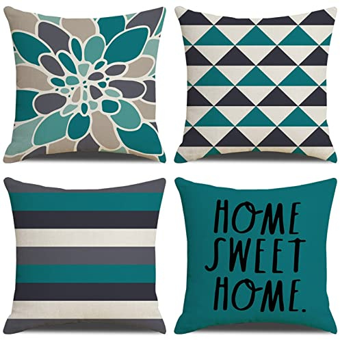 Aotiwe Housse Coussin Bleu Canard 40X40, Lot de 4 Housse de Coussin Home Sweet Home Taie Coussin Bleu Canard en Lin