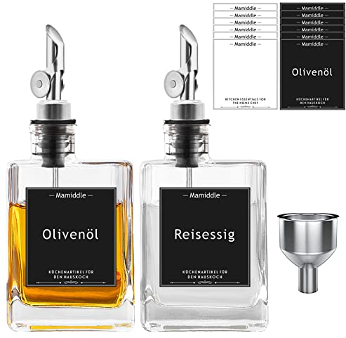 Essig und Ölflaschen Set mit Edelstahl Ausgießer Trichter und Aufkleber Ölspender Oil Dispenser Olivenöl Flasche für Küche und BBQ (280ml, Silber)