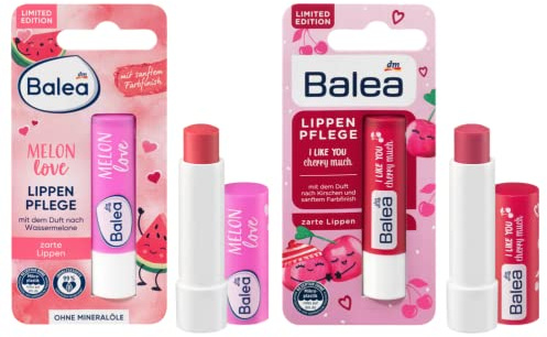 Balea 2er-Set Lippenpflege: Lippenpflegestift Melon Love mit Sheabutter & Duft nach Wassermelone (4,8 g) + Lippen Pflegestift I Like You Cherry Much mit Duft nach Kirsche & Bienenwachs (4,8 g), 9,6 g