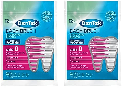 12 Stk. DenTek Easy Brush Interdental-Bürsten, ISO/Größe 0, extra fein - für sehr enge Zahnzwischenräume, mit Minzgeschmack & hygienischer Schutzkappe Pink 12 Stück (2er Pack)