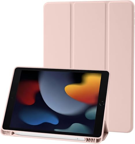 Hülle Kompatibel mit iPad 9 8 7 Generation 10.2 Zoll, Model 2021/2020/2019,9./8./7. Hülle mit Stifthalter, Trifold Ständer Schutzhülle, Auto Schlafen/Wachen for iPad 10,2 - Rosa