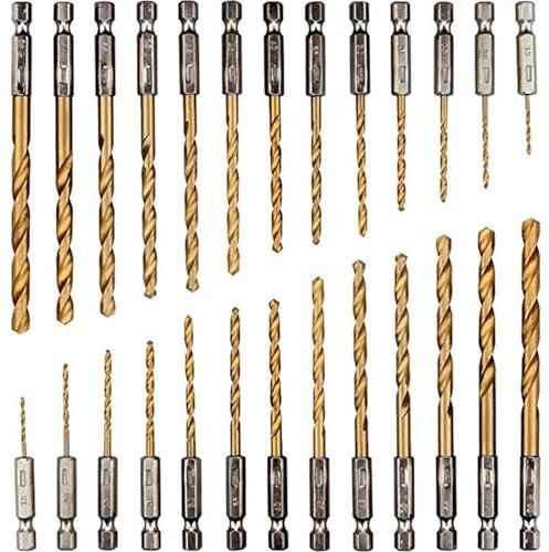 Xrten 26 Pezzi Punte da Trapano in Titanio,Set di Punte da Trapano Attacco Esagonale,Punte Trapano Countersink Tap HSS Drill Bit,Acciaio ad Alta velocità da 1.5-6.5mm,Trapano Rivestito in Titanio
