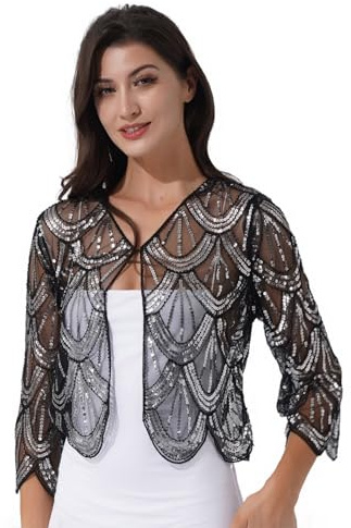 Sxiwei Bolero da donna in pizzo corto cardigan con paillettes elegante e festivo blazer per abito da sposa, argento, Taglia unica