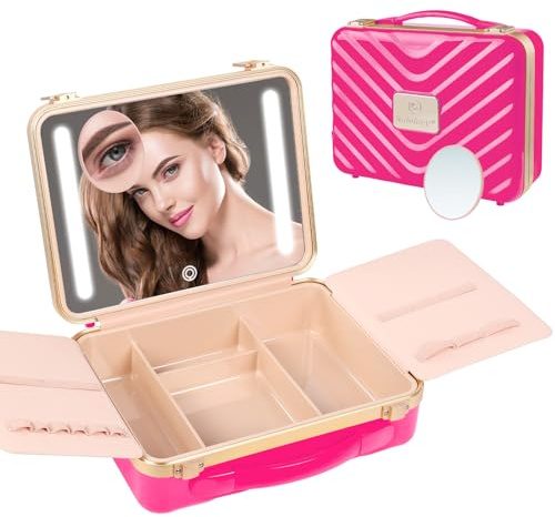 Kalolary Reise-Beautycase mit LED-Spiegel, Reise-Make-up-Tasche mit 3 Beleuchtungsmodi, tragbar, professionell, Kosmetiktasche, Rote Rose., Kulturbeutel für Reisen