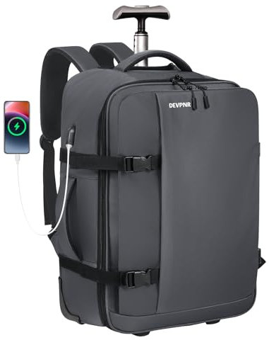 DEVPNR Rolling Backpack for Women Men, Carry on Luggage Travel Backpack with Wheels for Adults, 40L Airline Rolling Laptop Bag, 17 Inch Laptop Trolley Backpack for Overnight Travel Business (Gray),