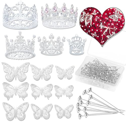 YOUlDIANZI Flower Bouquet Accessories & Crowns for Flower Bouquets, Including 5 Pcs Cake Mini Crown Topper, 36 Pcs Butterfly Decorations&100 Pcs Flower Pins (Silver)