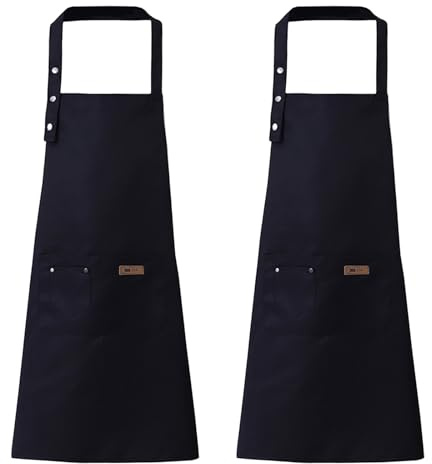 WakiHong 2 PCS Latzschürze,Kochschürze Herren Damen,Adjustable Aprons | Schwarze Kochschürze,mit 2 Geräumigen Taschen,Suitable for Cooking,Baking,Painting,Household Chores (Black,Cotton)