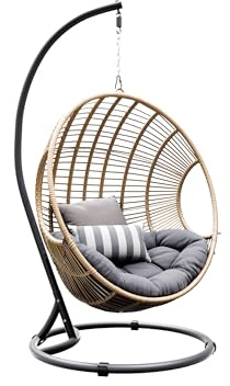 Mirjan24 Hängesessel mit Gestell und Kissen Nora, Hängestuhl mit Rückenkissen, Hängesitz, Hängekorb, Stahlskelett, Indoor & Outdoor (grau/natürliches Rattan + Kissen: grau 17)