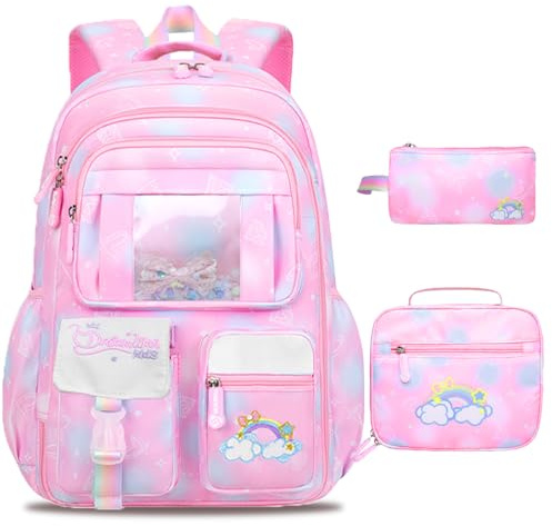 Schxuw 3PCS SET kids backpacks for girls, bookbag for girls backpack with lunch box Pencil Pouch Set back to school supplies for Kid, School backpack for girl Elementary School Student(PINK)