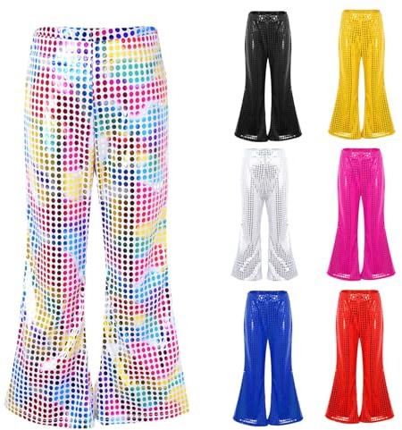 Girls Sequins Flared Pants Kids Retro Sparkly Jazz Dance Pants Shiny Disco Party Trousers Modern Elastic Mid-Waist Bell Bottom for Jazz Dancewear Hip Hop Performance Costume (8-9 Years)