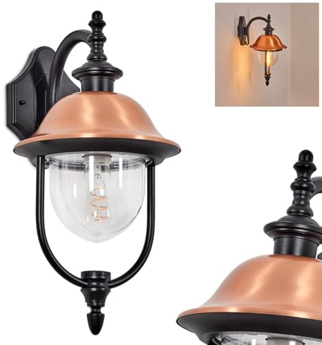HOFSTEIN Außenwandleuchte Gascon, Außenwandlampe aus Metall/Kunststoff in Schwarz/Kupfer/Klar, Wandleuchte außen im Vintage/Antik/Landhaus-Design, Garten, Hof, Außenbereich, Haustür, E27, IP44