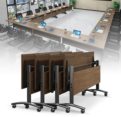 Mobiler Konferenztisch mit feststellbaren Rollen, tragbarer Konferenztisch für Büro, Zuhause, Klassenzimmer und Seminarräume, Sitzplätze für 2 10 Personen, 6-teiliges Set in 140 cm, Walnussholzfarbe