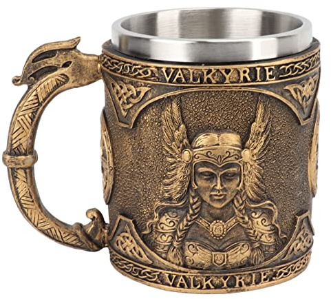 Jwthee Chope à bière vintage en faux bois, chope à bière Viking, chope à bière avec poignée, tasses Viking en acier inoxydable, tasse à café médiévale rétro Viking en acier inoxydable