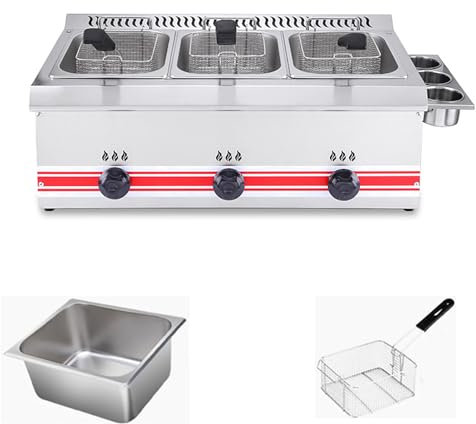 GZGHRZQS Commercial Countertop Gas Deep Fat Fryer Dual Tanks with 10L*3 Basket and Lid,Deep Fat Fryer with side seasoning box,Stainless Steel Fryer for Chips & More
