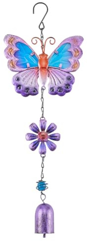 GORGECRAFT Carillon Éolien Papillon Violet en Métal et Fer Étanche Motif Animal Papillons Fleurs Florale Attrape Vent Lumineux avec Clochette pour Intérieur Extérieur Maison Jardin Festival Fête