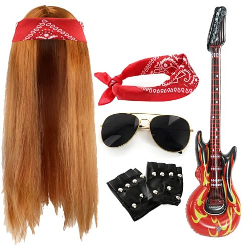 Adults 80s Rock Star Accessory Set - Long Ginger Wig, Paisley Red Bandana, Black Sunglasses, Fingerless Gloves, Inflatable Guitar - Mens 1980s Rock Band Fancy Dress Costume Accessory Set
