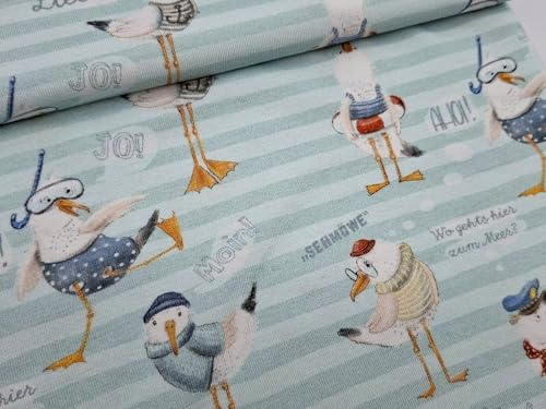 Baumwolljersey Kindermotive | Ökotex | ab 50 cm | Meterware | für Baby- und Kinderkleidung (Möwe, aqua)