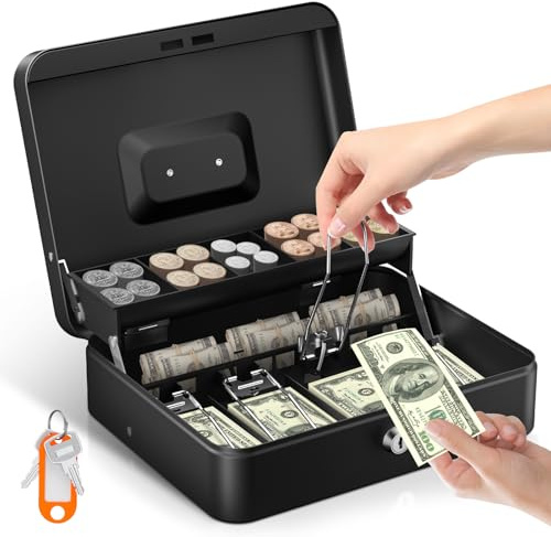 Uniclife Cash Box with Money Tray and Lock, Large Money Box for Cash Register, Safe Metal Lock Box with Key, Portable Money Saving Box, Black Metal Cash Drawer, 11.9 x 9 x 3.7