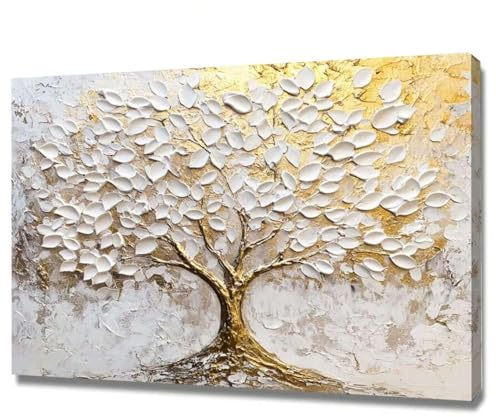 Quadro su tela con fiori bianchi e albero della vita, stampa su tela, grande decorazione da parete per camera da letto; galleria d'arte, decorazione da parete con piante, 80x120 cm con cornice