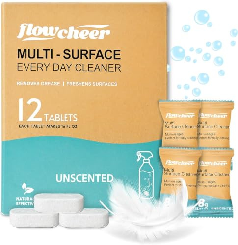 Flowcheer Free & Clear påfyllningstabletter för allrengöring – Icke-toxiska rengöringstabletter för flera ytor (12-pack) ger 6 L sprayrengöringsmedel för hem och kök – Oparfymerad