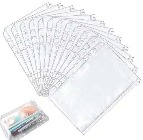 12 Stück A5 Ringmappe Reißverschluss Prospekthüllen, Wasserdichte PVC Ordner Taschen mit 6 Löchern, Durchsichtige Dokumententaschen für Fotos, Rechnungen, Notizen und Karten, Praktischer Organizer