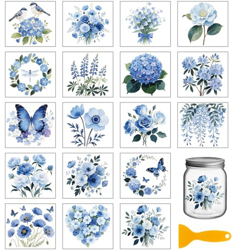 GLOBLELAND 18 Blatt Blaue Blumen Zum Aufreiben von Transferaufklebern Für Vasen 3.9x3.6Zoll Vintage Rosen Blumen UV DTF Becherverpackungen Abziehbilder Retro Schmetterlinge Transferaufkleber Für Möbel