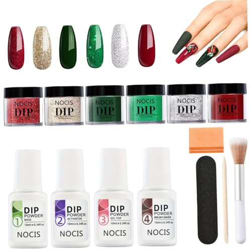 Dip Powder Nail Kit, 6 Colors Acrylic Nail Dipping Powder Kit with Base Top Coat Activator Liquid Brush Saver for Manicure DIY Salon Dip Starter