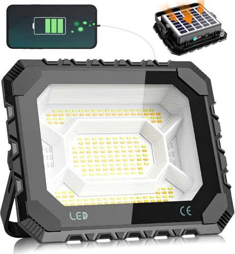 Projecteur LED Rechargeable, Adewalk 100W Projecteur LED Chantier Solaire & Batterie Rechargeable, 12000mAh Lampe Chantier 5 Modes, IP66, Lampe de Travail pour Camping, Pêche, Garage, Atelier