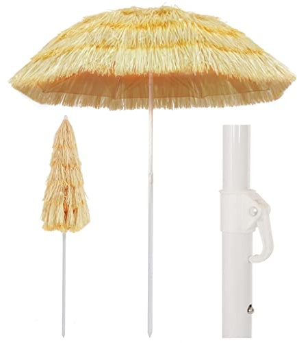 Strandschirm Natur 180 cm Hawaii-Stil, Neigbarer UV-Schutz Schirm für Garten Terrasse & Außenbereiche, Wetterbeständiger Polypropylen Schattenspender mit Stahlgestell