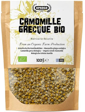 Apsogo Camomilla Biologica Sfusa - Fiori Secchi Interi dalla Grecia, 100g | Fiori di camomilla secchi interi dalla Grecia - camomilla biologica sfusa, senza caffeina, per un infuso dorato e floreale.