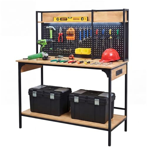 Northsky 48 Heavy-Duty Garage Workbench with LED Light & Power Outlet, 1200LB Capacity Tool Table with Pegboard, Storage Shelves, USB & Type-C Ports for Woodworking Shop, Garage, Home