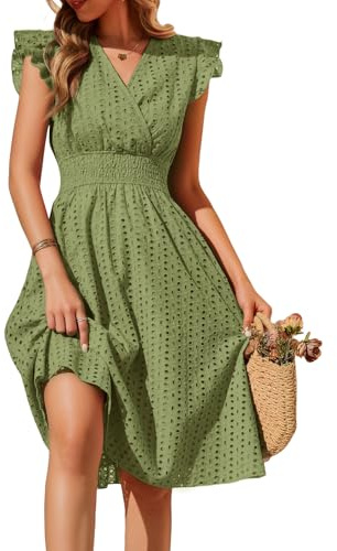 PASUDA Vestidos Verano Mujer Sin Mangas Vestidos Corto Cuello en V Algodón Elegante Dress de Manga con Volantes Cintura Alta Elástica Mini Vestido de Playa Sueltos Casual con Bolsillos