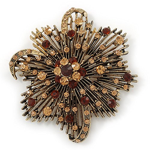 Spilla asimmetrica vintage a forma di fiore, con cristalli, colore: bronzo, Misura unica, Nessun tipo di metallo, Diamante