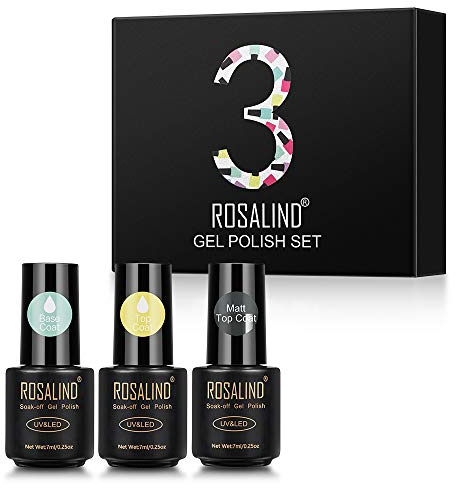 ROSALIND Gellack UV Base Coat Top Coat und Matte Top Coat, 3 * 7 ML Unterlack & Überlack & Matt Überlack Nagellack, Tränken Sie das UV Gel Nagellack Set