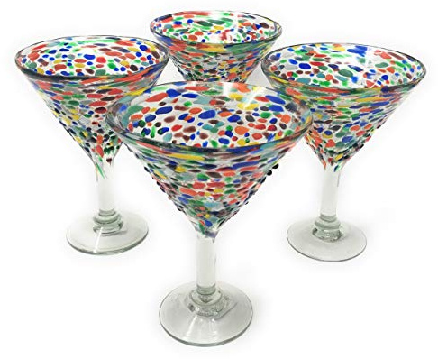 Mexican Hand Blown Glass – Set of 4 Hand Blown Modern Margarita Glasses - Confetti Rock (12 oz)