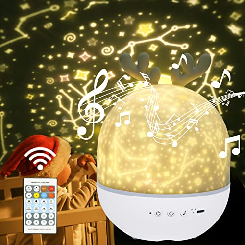 URAQT Projecteur d'Étoiles avec Musique, Projecteur Ciel Étoilé Cerf, Veilleuse Enfant avec Télécommande & Minuterie, Rotation 360°, 6 Thèmes + 8 Musiques Aide au Sommeil, 7 Niveaux de Luminosité