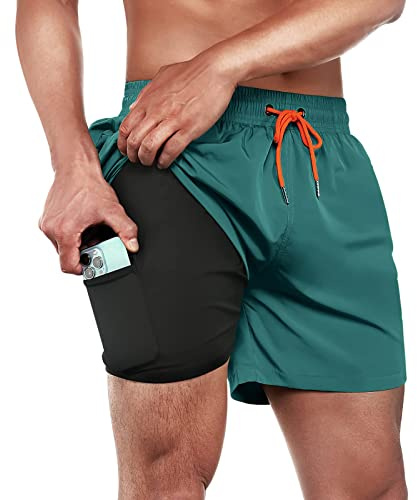 BRISIRA Mens Swim Trunks Swim Shorts Quick Dry 5 inch Inseam Beach Shorts with Compression Liner and Zipper Pocket Blue